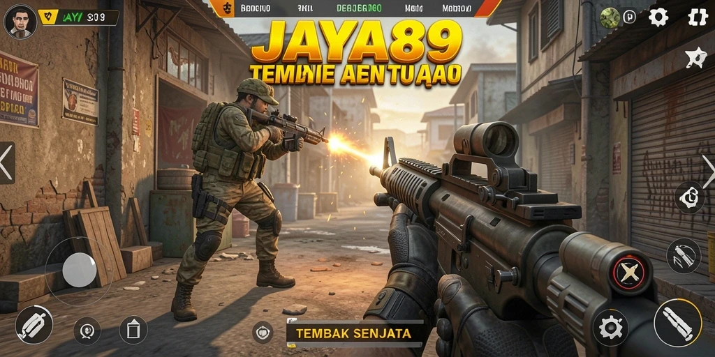 Tampilan utama JAYA89 menampilkan karakter dan senjata siap tempur.